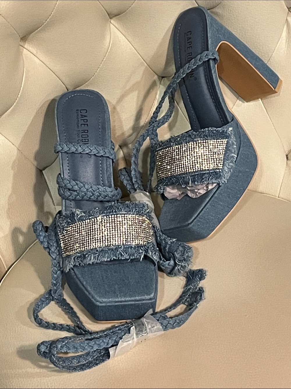 Cape Robbin Denim Blue Rhinestone Block Heel Sandals with Braided Ties